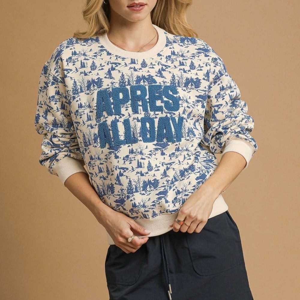 Umgee "Apres All Day" Blue Cream Graphic Cropped Sweatshirt size Medium